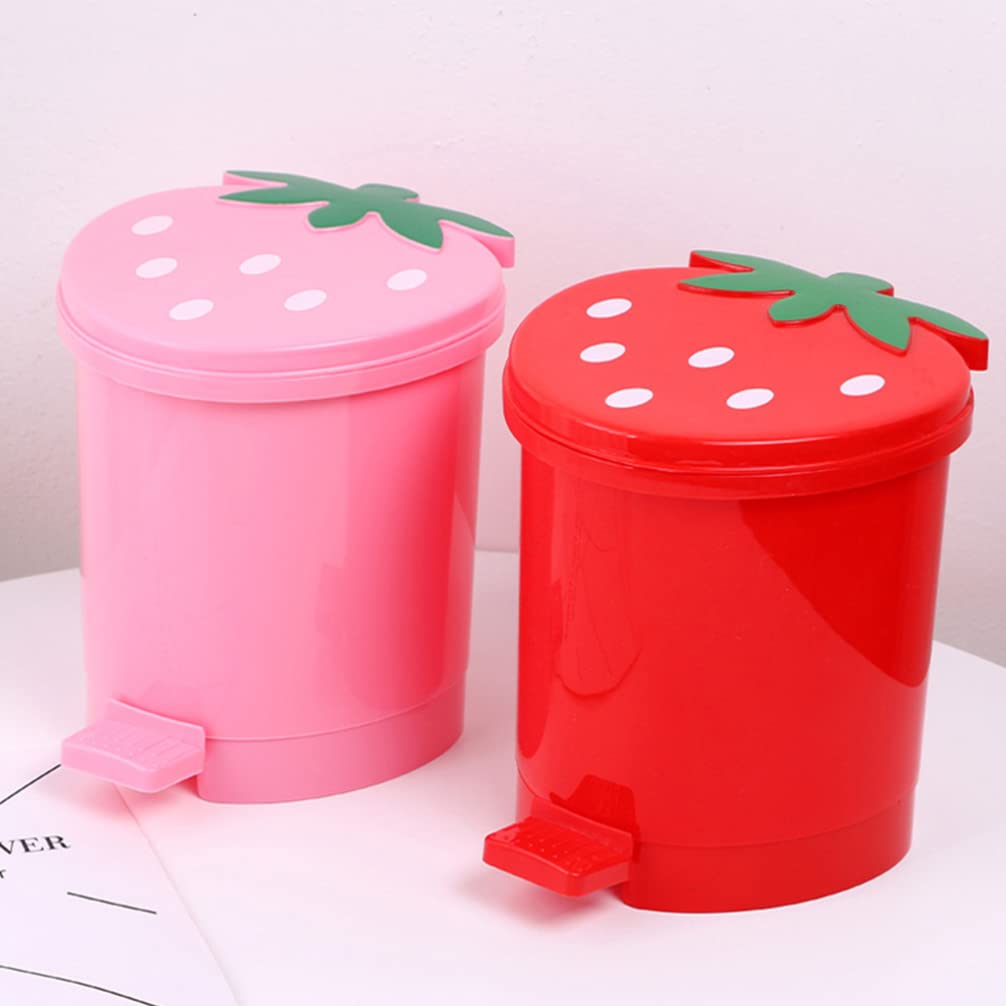 Mini Desktop Wastebasket with Lid Small Strawberry Countertop Trash Can Tiny Plastic Garbage Bin for Office Bathroom Bedroom Makeup Waste Red