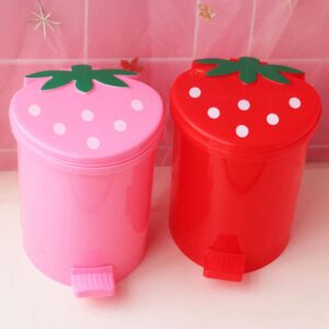 Mini Desktop Wastebasket with Lid Small Strawberry Countertop Trash Can Tiny Plastic Garbage Bin for Office Bathroom Bedroom Makeup Waste Red