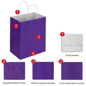 Oikss 50 Pack 8x4.75x10 inch Medium Paper Bags with Handles Bulk, Kraft Bags Birthday Wedding Party Favors Grocery Retail Shopping Takeouts Business Goody Craft Gift Bags Sacks (Purple 50PCS Count)