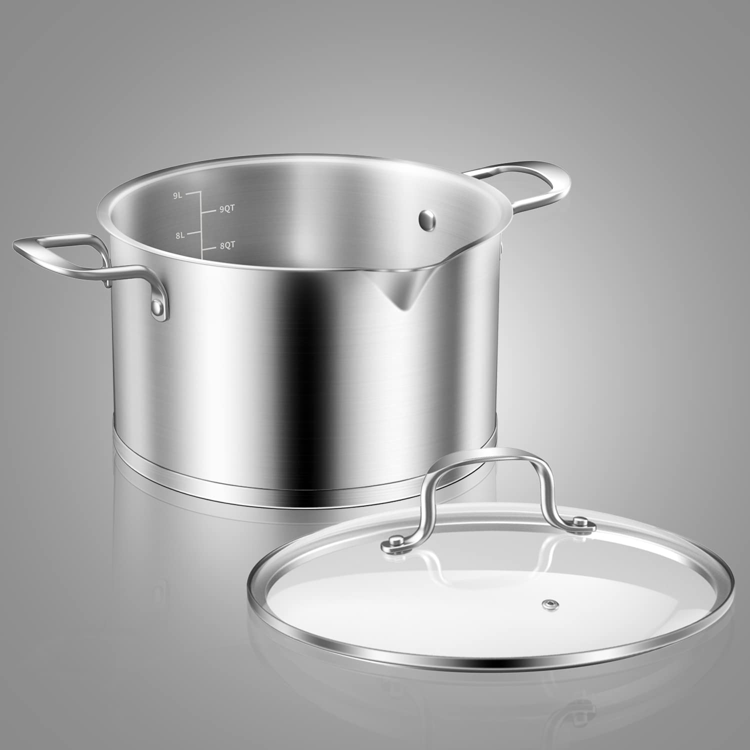 9 Quart Stainless Steel Stock Pot with Glass Lid, Induction Soup Cooking Pot with Pour Spout, Scale Engraved Inside, Compatible with All Heat Sources, Dishwasher Oven Safe