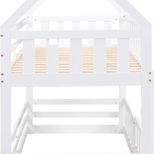 MERITLINE House Bunk Bed with Fence and Door, Wood Kids Bunk Beds Twin Over Twin with Roof, Floor Bunk Bed Loft Beds for Girls Boys, Easy Assembly, White