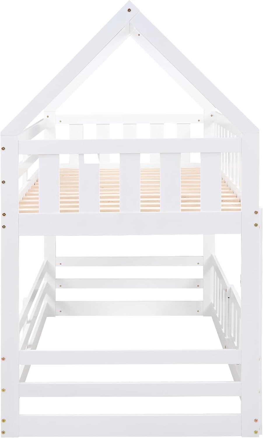 MERITLINE House Bunk Bed with Fence and Door, Wood Kids Bunk Beds Twin Over Twin with Roof, Floor Bunk Bed Loft Beds for Girls Boys, Easy Assembly, White