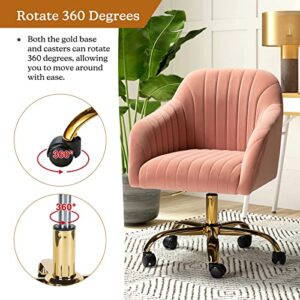 HULALA HOME Velvet Home Office Desk Chair, Modern Cute Computer Task Chair, Wheels Swivel Height Adjustable Upholstered Vanity Chair for Women, Girls (Gold Base, Pink)