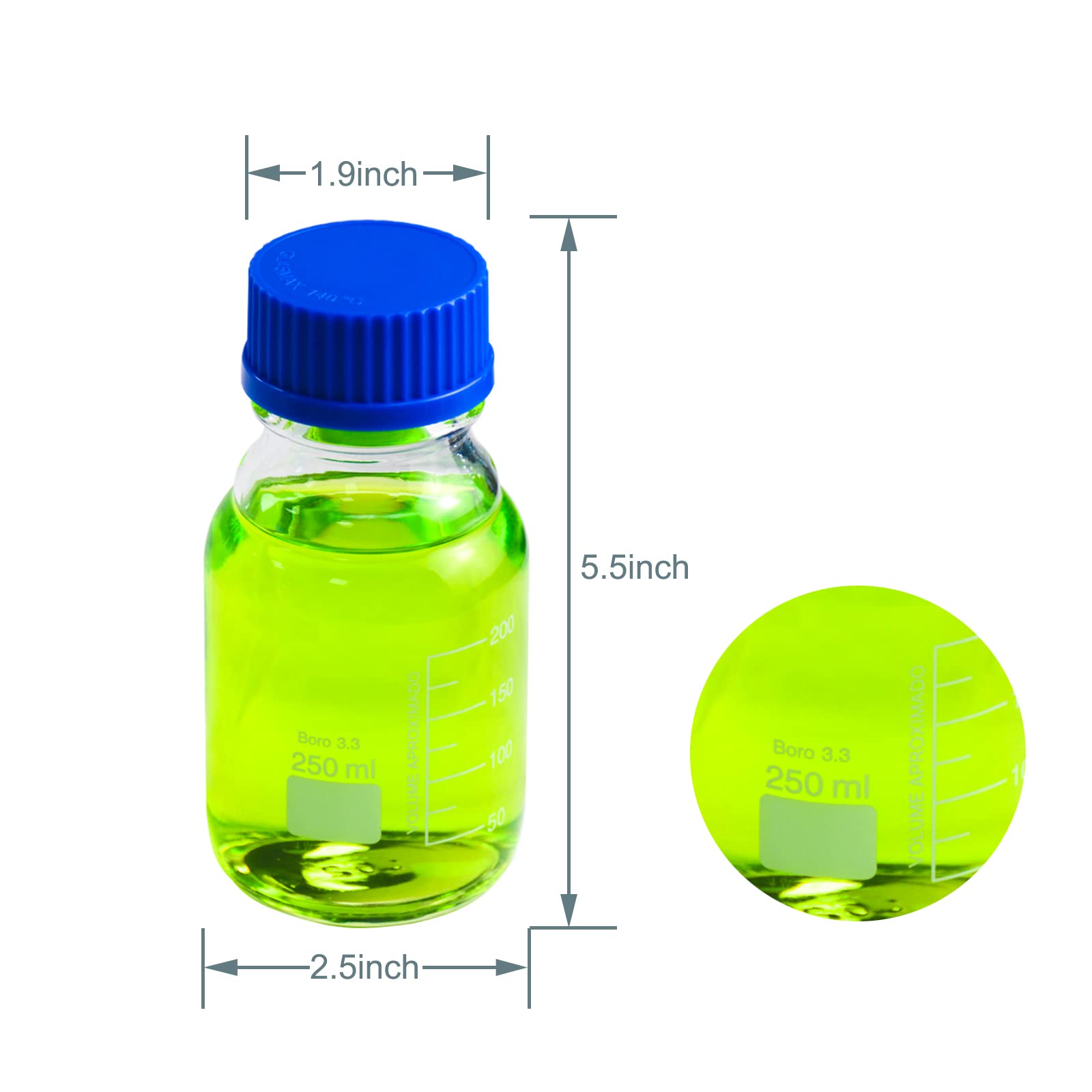 SWONES Graduated Round Reagent Media - Round Media Storage Bottle - Storage Glass Bottles, with GL45 Screw Cap,Borosilicate 3.3 Glass (250ml, 4pcs)