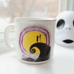 Disney The Nightmare Before Christmas Jack and Sally Spiral Hill 20-Ounce Ceramic Camper Mug | BPA-Free Travel Coffee Cup For Espresso, Caffeine, Cocoa, | Home & Kitchen Essentials | Halloween Gifts