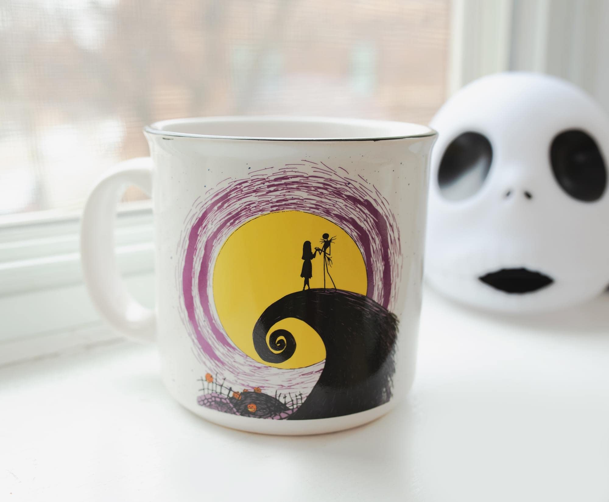 Disney The Nightmare Before Christmas Jack and Sally Spiral Hill 20-Ounce Ceramic Camper Mug | BPA-Free Travel Coffee Cup For Espresso, Caffeine, Cocoa, | Home & Kitchen Essentials | Halloween Gifts