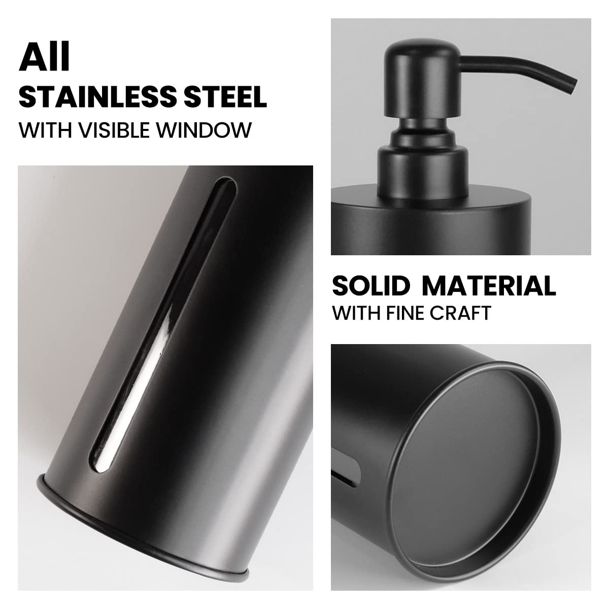 Zegeon black soap dispenser for kitchen & bathroom, dish soap dispenser with clear window, 304 black Stainless Steel Hand Soap Dispenser Pump, Rust-Proof Refillable Countertop Lotion Bottle