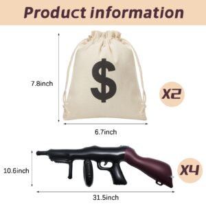 6 Pcs Inflatable Gun Props Canvas Money Bag Pouch Set 1920s Party Decorations Money Bag with Drawstring Closure Party Prop Guns, Gangster Party Favors 20s Cosplay Theme Party Birthday Decoration