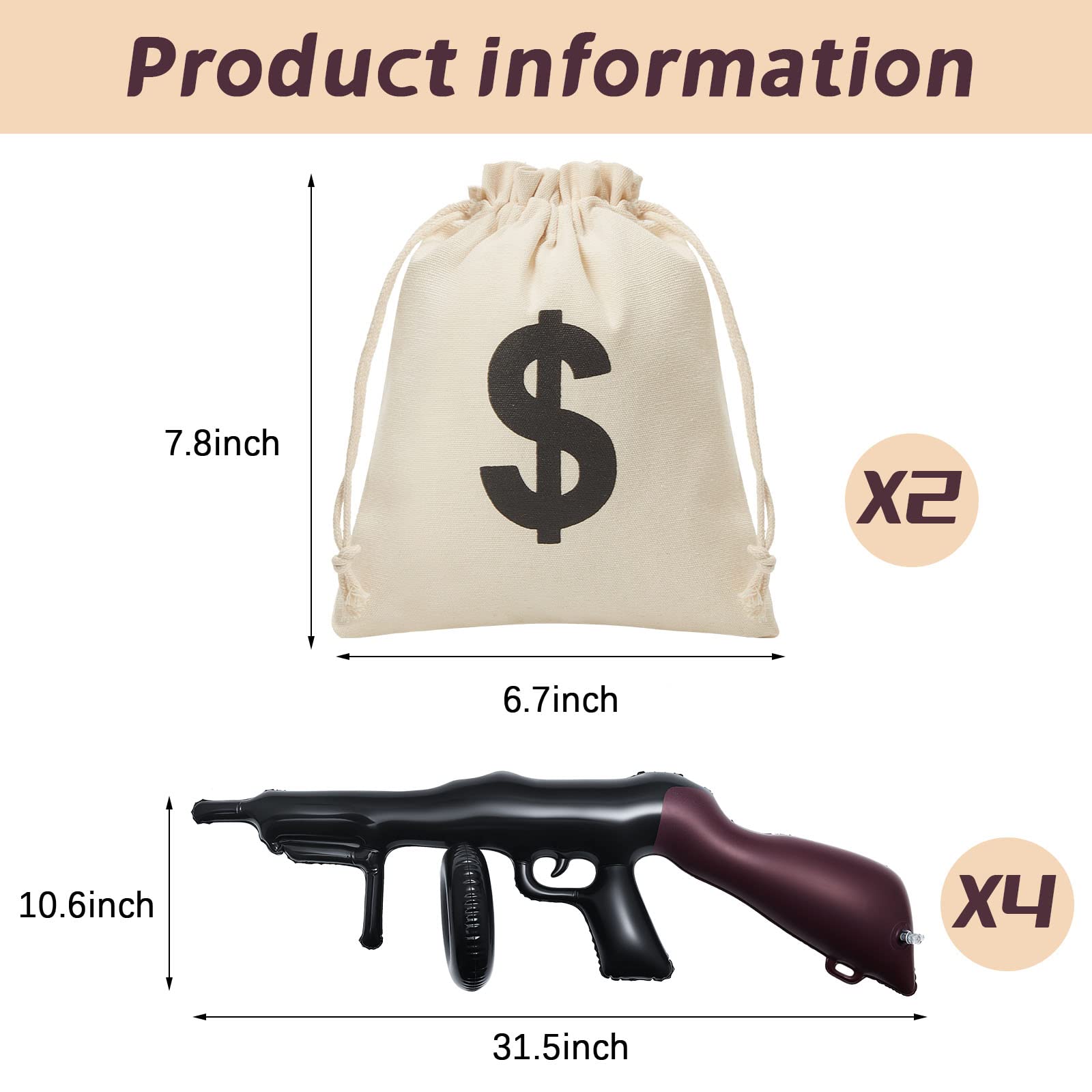 6 Pcs Inflatable Gun Props Canvas Money Bag Pouch Set 1920s Party Decorations Money Bag with Drawstring Closure Party Prop Guns, Gangster Party Favors 20s Cosplay Theme Party Birthday Decoration