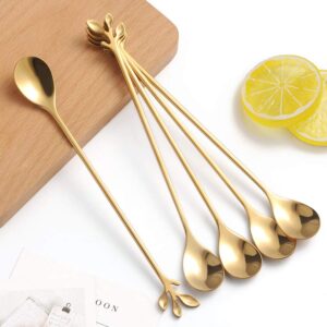 AnSaw 10-Piece 7.4" Long Handle Teaspoons - Gold Leaf Design for Coffee & Tea Stirring Spoons, Elegant Stainless Steel Stir Spoons