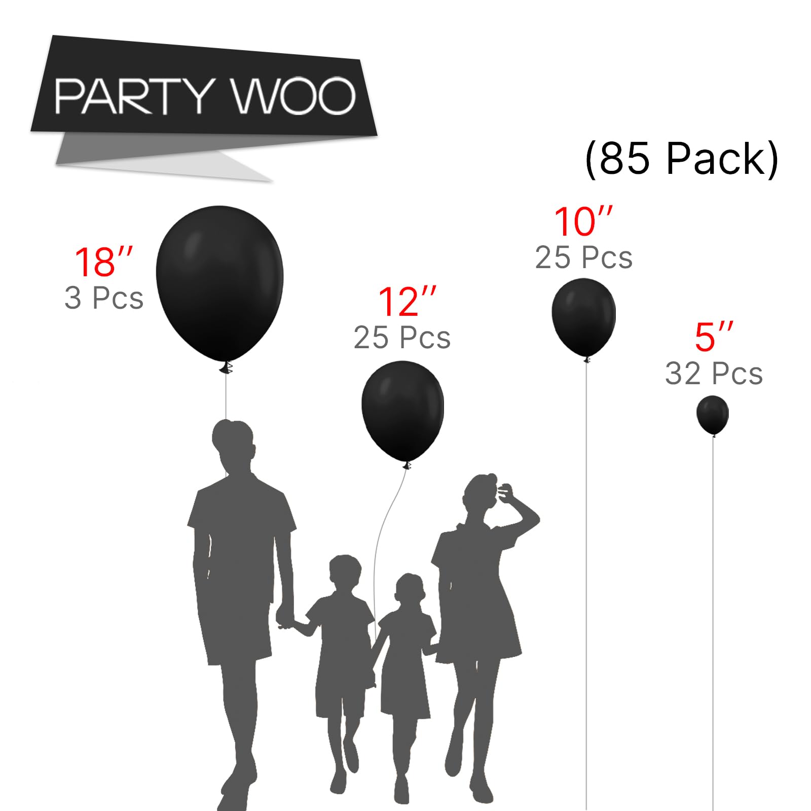 PartyWoo Black Balloons, 85 pcs Matte Black Balloons Different Sizes Pack of 18 Inch 12 Inch 10 Inch 5 Inch Black Balloons for Balloon Garland Balloon Arch as Birthday Party Decorations, Black-Y18