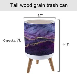 KCDCYCZEAL Small Trash Can with Lid Abstract marbling Violet Blue Purple Marble with Golden Veins Fake Round Recycle Bin Press Top Dog Color