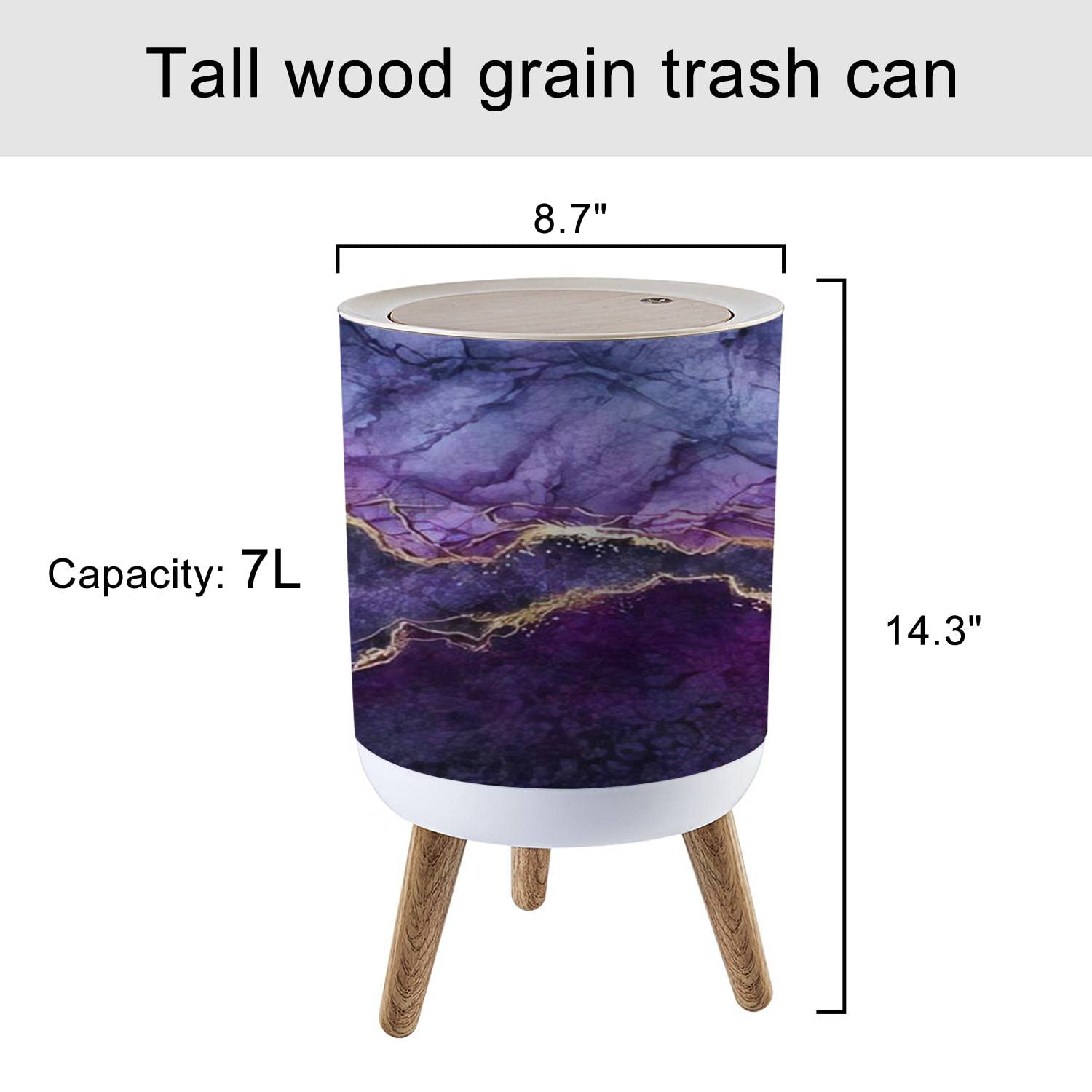 KCDCYCZEAL Small Trash Can with Lid Abstract marbling Violet Blue Purple Marble with Golden Veins Fake Round Recycle Bin Press Top Dog Color