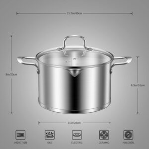 9 Quart Stainless Steel Stock Pot with Glass Lid, Induction Soup Cooking Pot with Pour Spout, Scale Engraved Inside, Compatible with All Heat Sources, Dishwasher Oven Safe