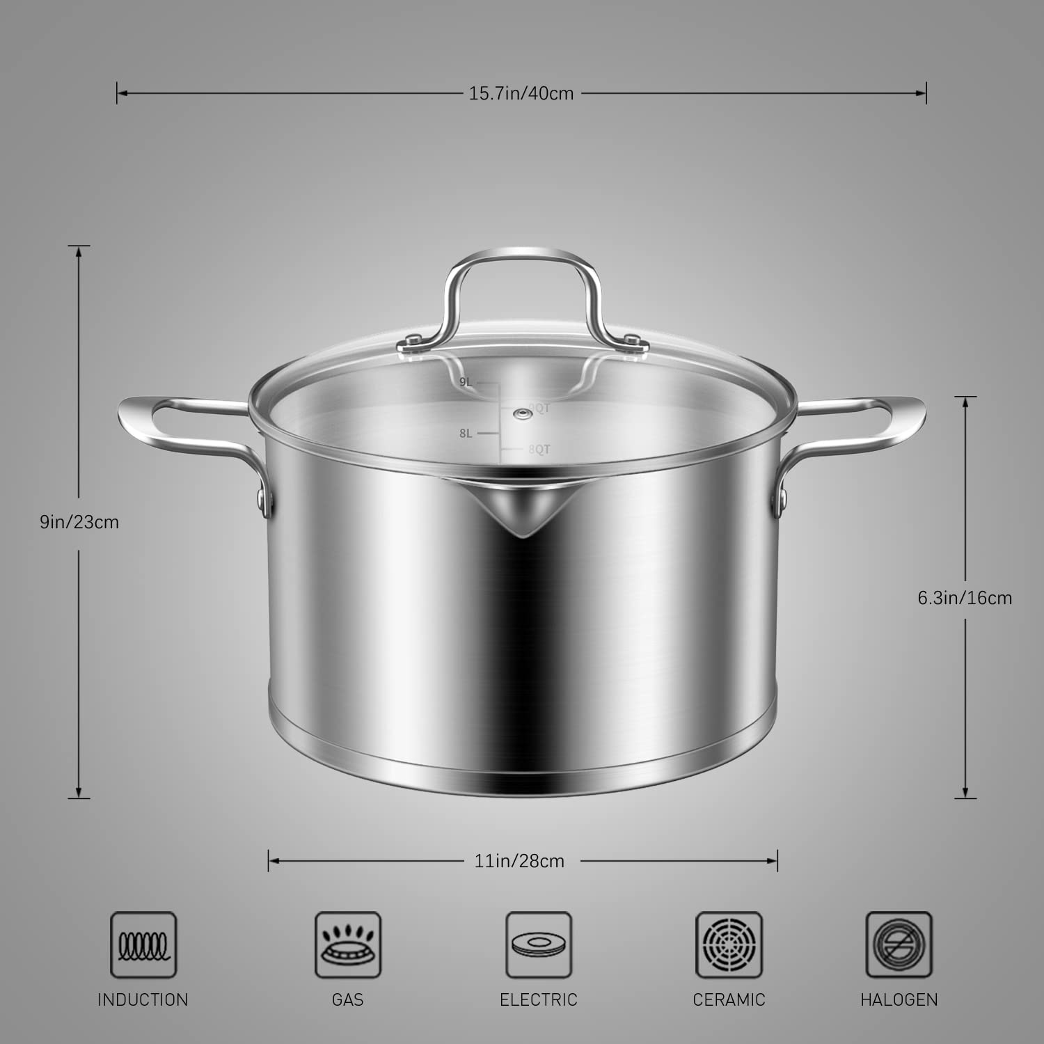 9 Quart Stainless Steel Stock Pot with Glass Lid, Induction Soup Cooking Pot with Pour Spout, Scale Engraved Inside, Compatible with All Heat Sources, Dishwasher Oven Safe