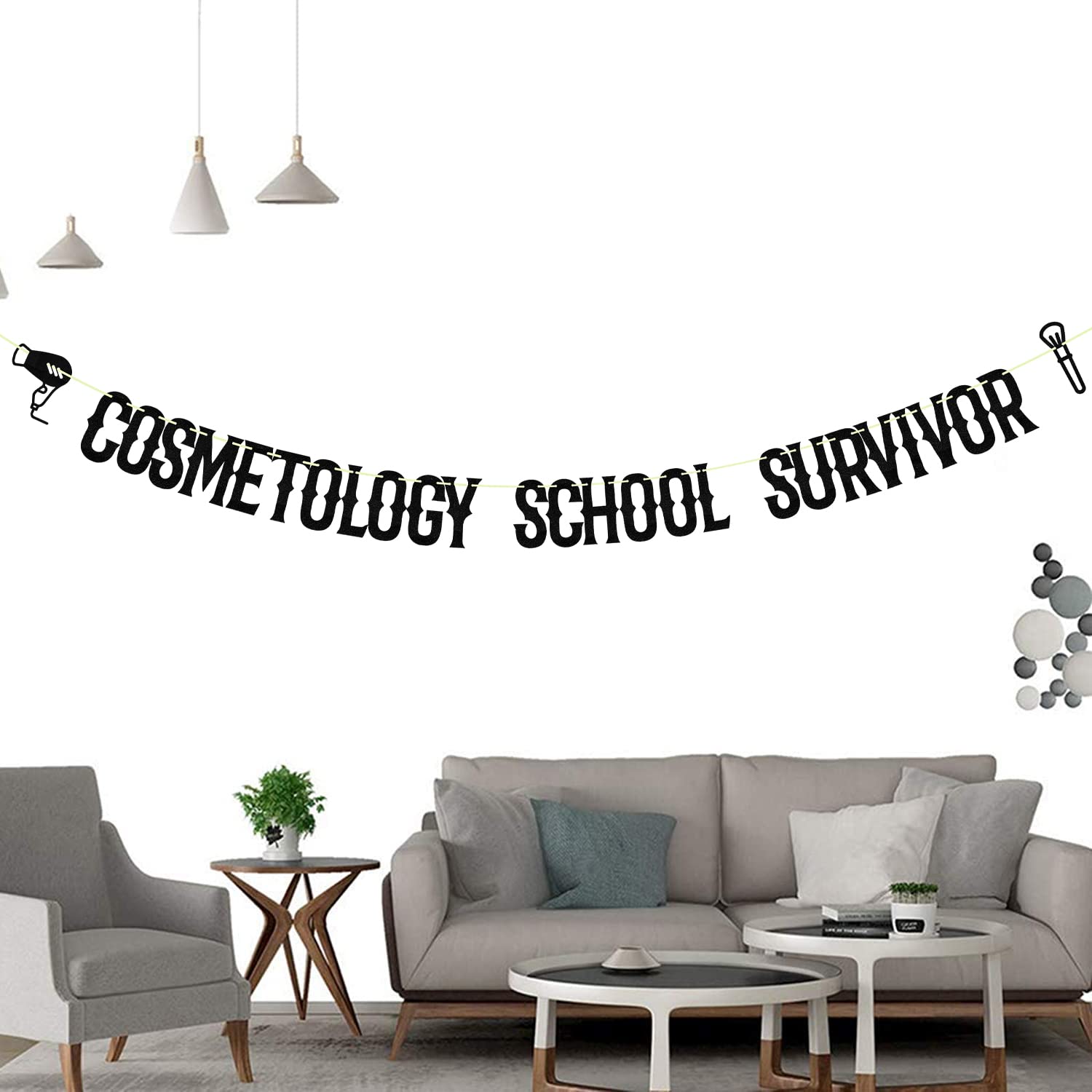 Glitter Black Cosmetology School Survivor Banner, Class Of 2024 Grad Cap Cake Supplies,Congratulations Finally Done 2024 Graduate Party Decoration