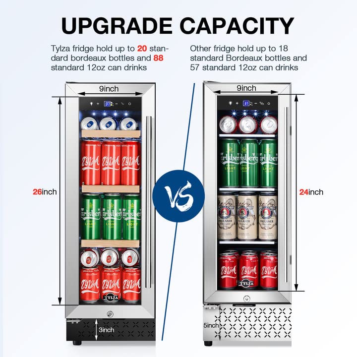 Tylza Upgraded Wine and Beverage Refrigerator 24 Inch, Dual Zone Wine Beverage Cooler with French Door, Under Counter Wine Beer Fridge Built-In or Freestanding, Holds 20 Bottles and 88 Cans TYBC120-3