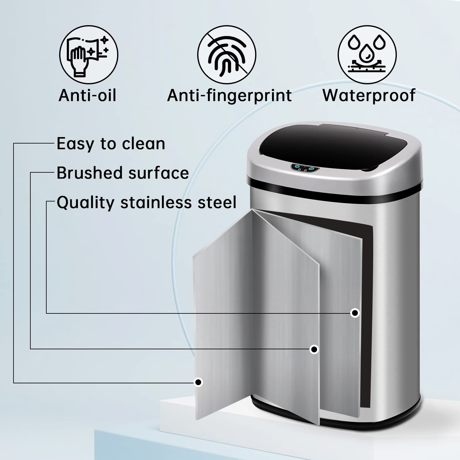 GINMAON Trash Can 13 Gallon Automatic Stainless Steel Garbage Can with Lid, Large Capacity Brushed Trash Bin Motion Sensor Metal Rubbish Can for Kitchen Office Bedroom, Silver