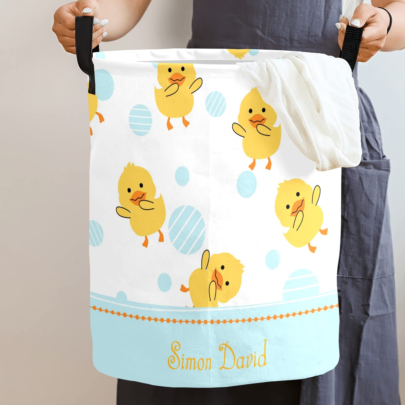 Rubber Duck Swimming Personalized Custom Laundry Basket Clothes Round Storage Handle Waterproof, Custom Foldable Large Capacity and Lightweight, For Bedroom Bathroom Decoration