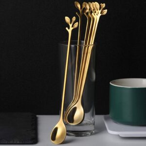 AnSaw 10-Piece 7.4" Long Handle Teaspoons - Gold Leaf Design for Coffee & Tea Stirring Spoons, Elegant Stainless Steel Stir Spoons