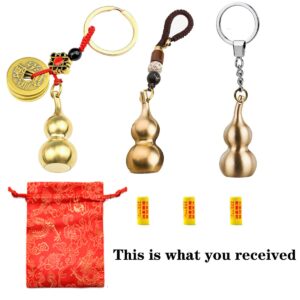 3 Pieces Gourd Brass Keychains,Feng Shui Luck Coins with Brass Calabash Wu Lou Key Ring for Good Luck , Wealth Success & Longevity , Blessing Paper in it, Gold, 2x2x4 inches