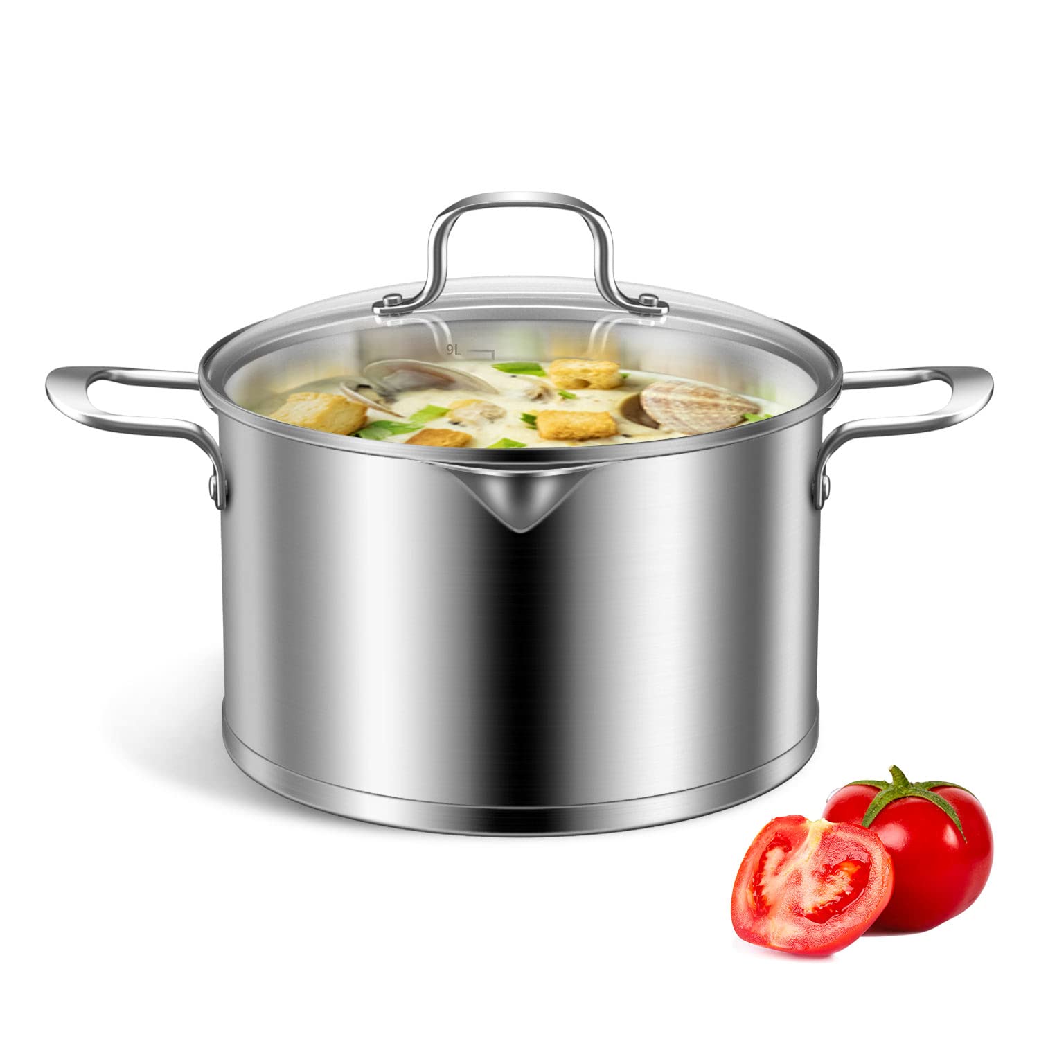 9 Quart Stainless Steel Stock Pot with Glass Lid, Induction Soup Cooking Pot with Pour Spout, Scale Engraved Inside, Compatible with All Heat Sources, Dishwasher Oven Safe