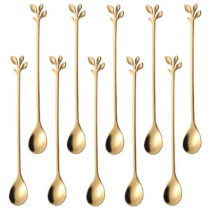 ansaw 10-piece 7.4" long handle teaspoons - gold leaf design for coffee & tea stirring spoons, elegant stainless steel stir spoons