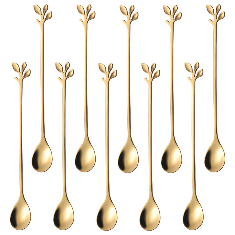 AnSaw 10-Piece 7.4" Long Handle Teaspoons - Gold Leaf Design for Coffee & Tea Stirring Spoons, Elegant Stainless Steel Stir Spoons