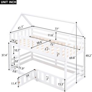 MERITLINE House Bunk Bed with Fence and Door, Wood Kids Bunk Beds Twin Over Twin with Roof, Floor Bunk Bed Loft Beds for Girls Boys, Easy Assembly, White