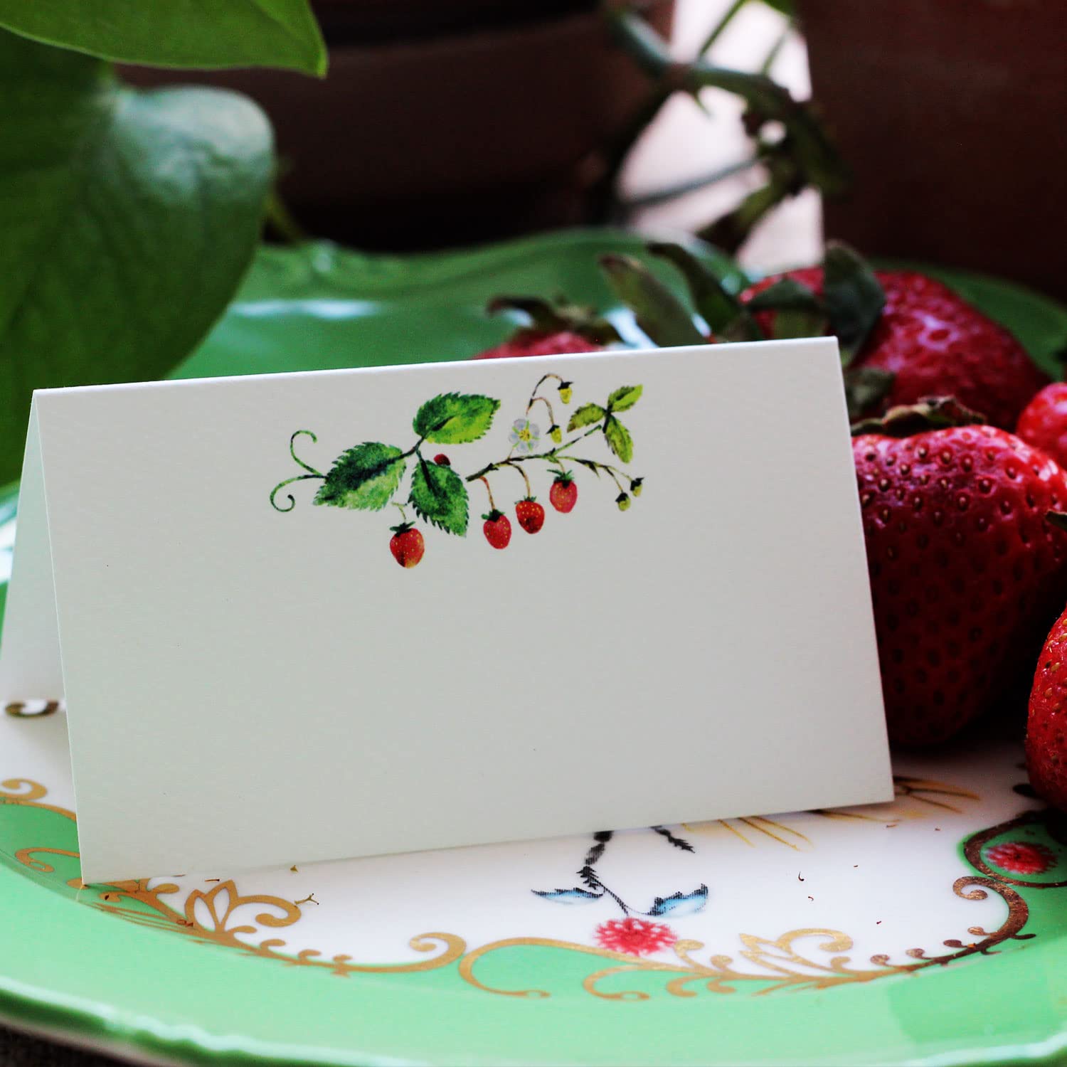 Place Cards with Strawberries on the Vine for Weddings, Showers, and Dinner Parties. Table Tent Style, Scored for Easy Folding. (50)