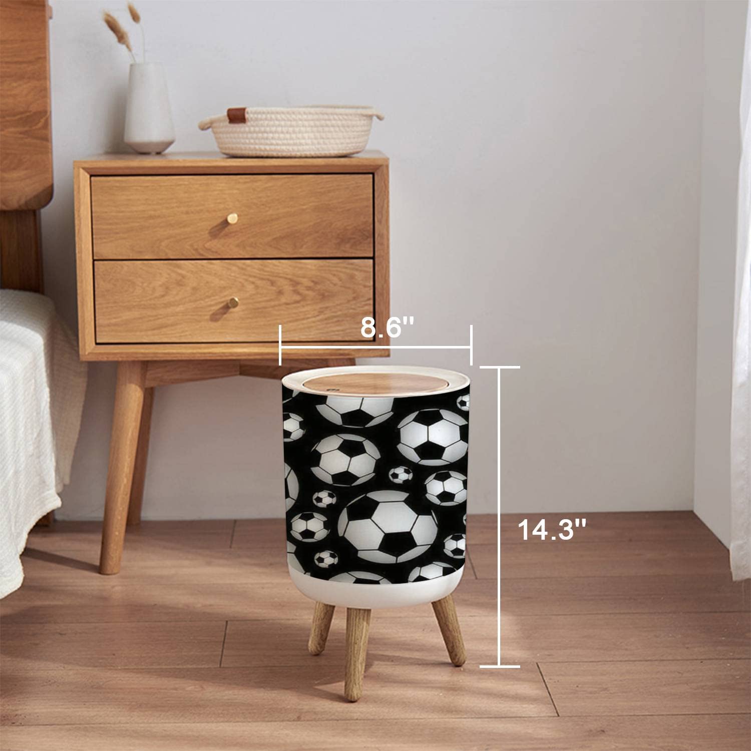 EINGDVPRWEK Trash Can with Lid Cute Seamless with Soccer Balls Press Cover Small Garbage Bin Round with Wooden Legs Waste Basket for Bathroom Kitchen Bedroom 7L/1.8 Gallon