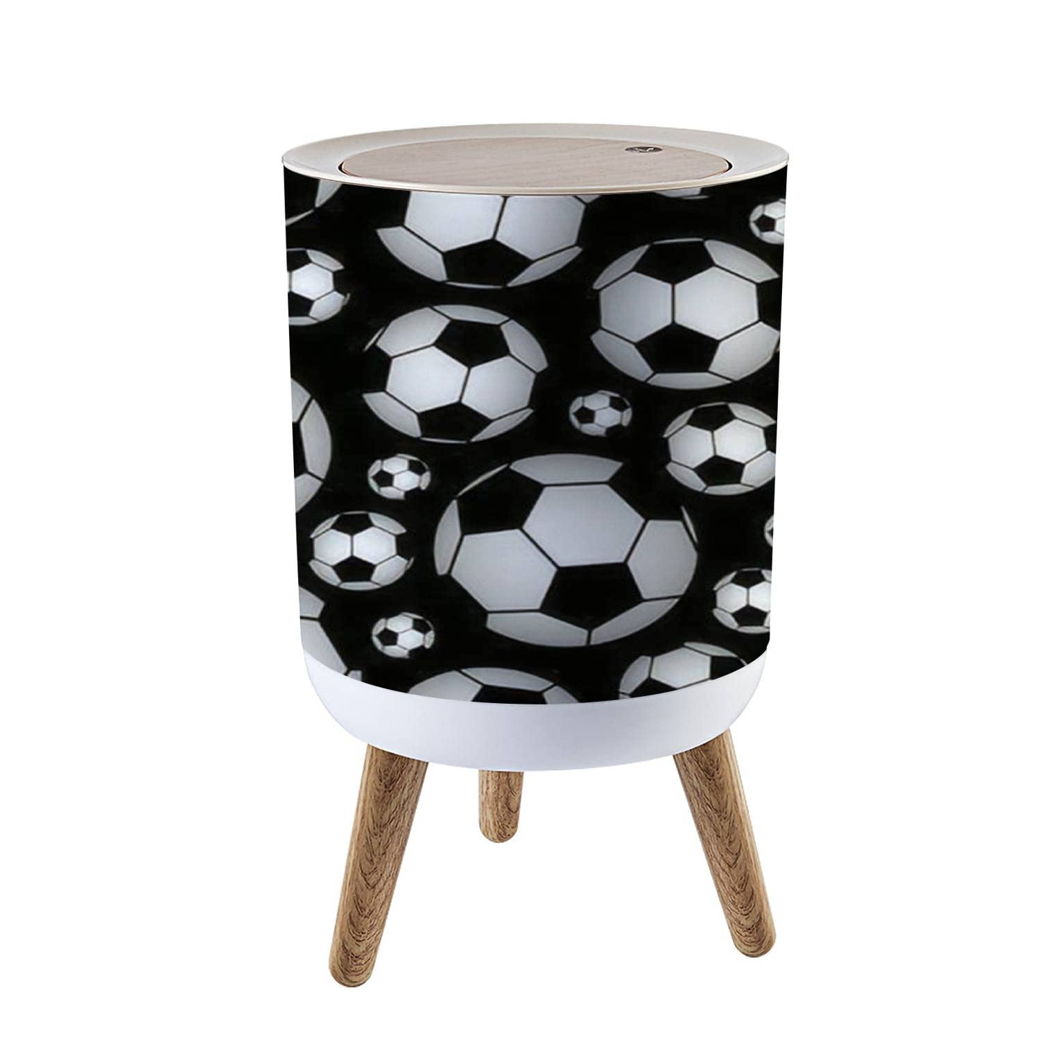 EINGDVPRWEK Trash Can with Lid Cute Seamless with Soccer Balls Press Cover Small Garbage Bin Round with Wooden Legs Waste Basket for Bathroom Kitchen Bedroom 7L/1.8 Gallon