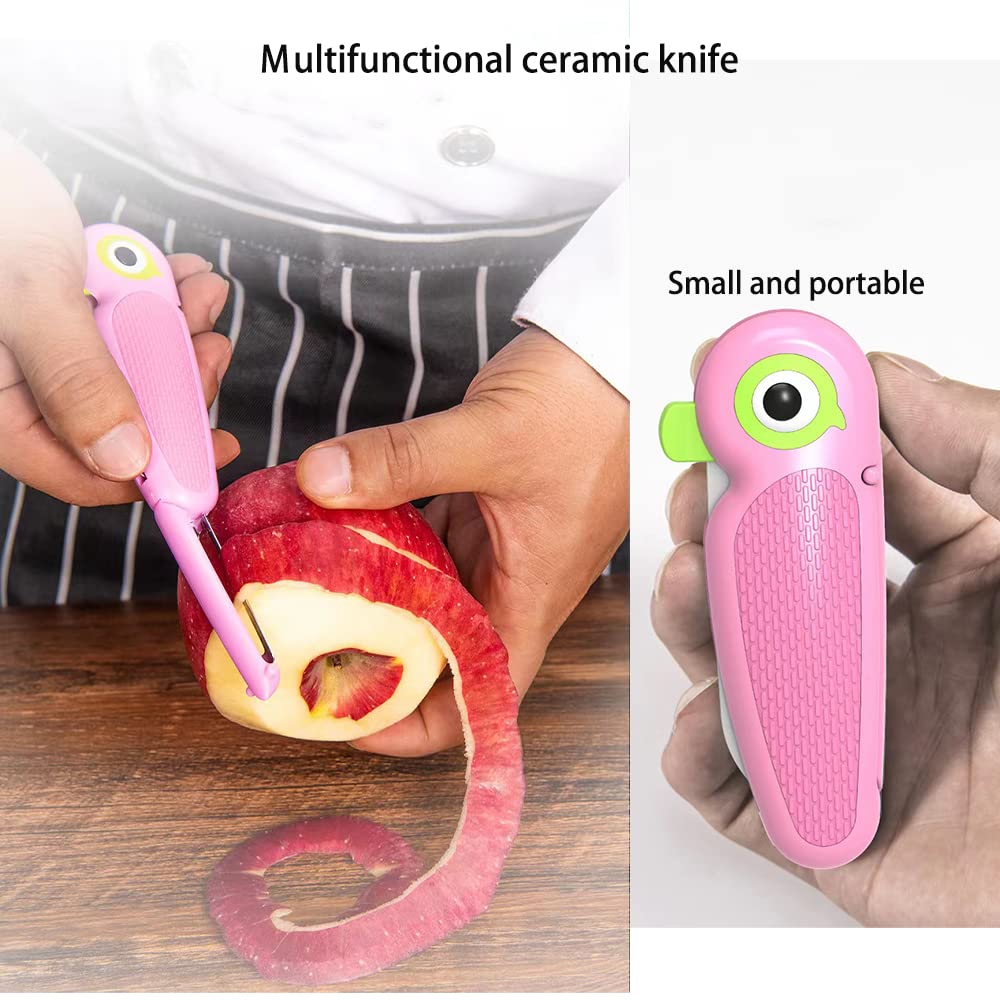 S.ROKE TTAN Portable Ceramic Paring Knife - 2.5 Inches Sharp Blade, Paring Knives, Fruit and Vegetable Knife. Folding Knife, Cutter Peeler 2 in 1, Mini Cute Fruit Knife for Travel, Camping (Pink)