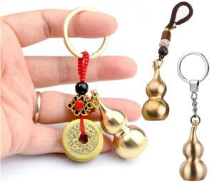 3 pieces gourd brass keychains,feng shui luck coins with brass calabash wu lou key ring for good luck , wealth success & longevity , blessing paper in it, gold, 2x2x4 inches