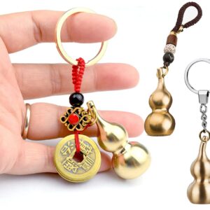 3 Pieces Gourd Brass Keychains,Feng Shui Luck Coins with Brass Calabash Wu Lou Key Ring for Good Luck , Wealth Success & Longevity , Blessing Paper in it, Gold, 2x2x4 inches