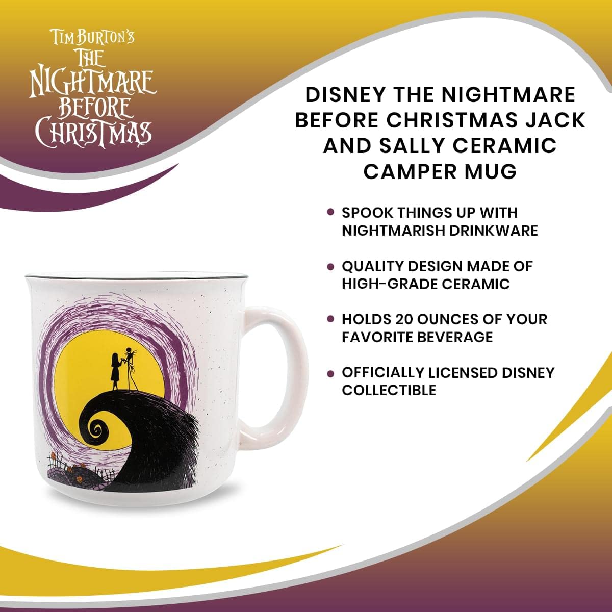 Disney The Nightmare Before Christmas Jack and Sally Spiral Hill 20-Ounce Ceramic Camper Mug | BPA-Free Travel Coffee Cup For Espresso, Caffeine, Cocoa, | Home & Kitchen Essentials | Halloween Gifts