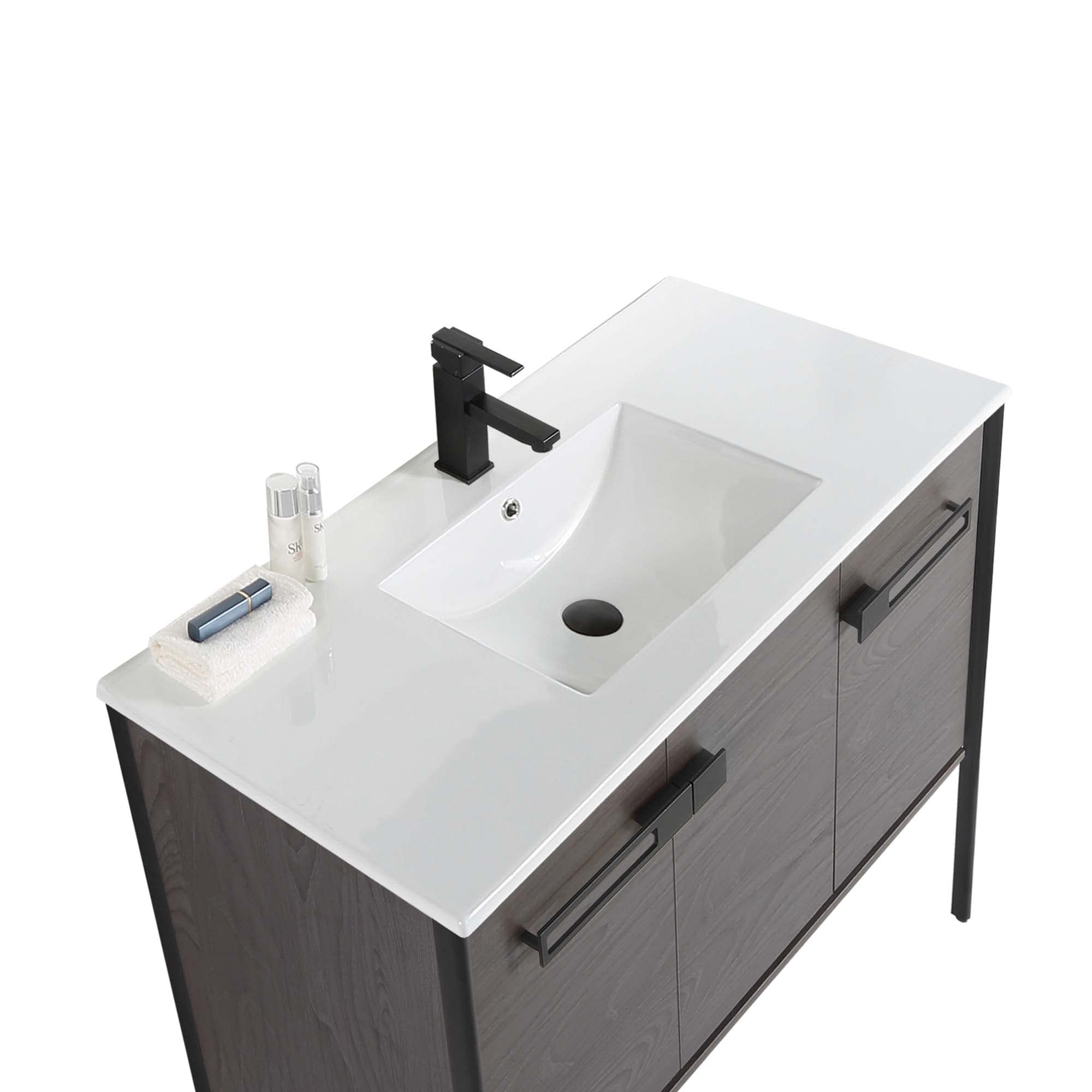 Fine Fixtures Oakville 42 in. W x 18 in. D x 33 in. H Bathroom Vanity in Black Coal Oak with White Ceramic Sink - Black Hardware