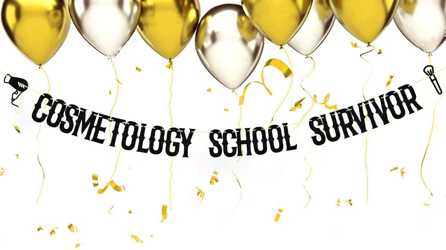 Glitter Black Cosmetology School Survivor Banner, Class Of 2024 Grad Cap Cake Supplies,Congratulations Finally Done 2024 Graduate Party Decoration