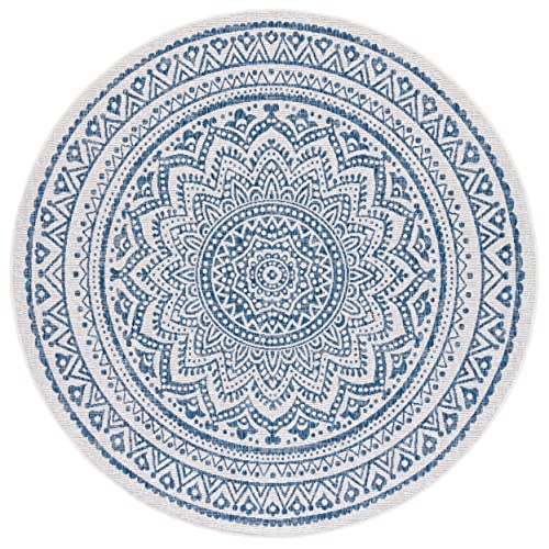 SAFAVIEH Courtyard Collection 4' Round Ivory/Navy CY8734 Boho Mandala Indoor/ Outdoor Easy -Cleaning Patio Backyard Mudroom Area -Rug