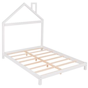 Full Size House Platform Bed Frame Mattress Foundation with Headboard/No Box Spring Needed/Easy Assembly, White