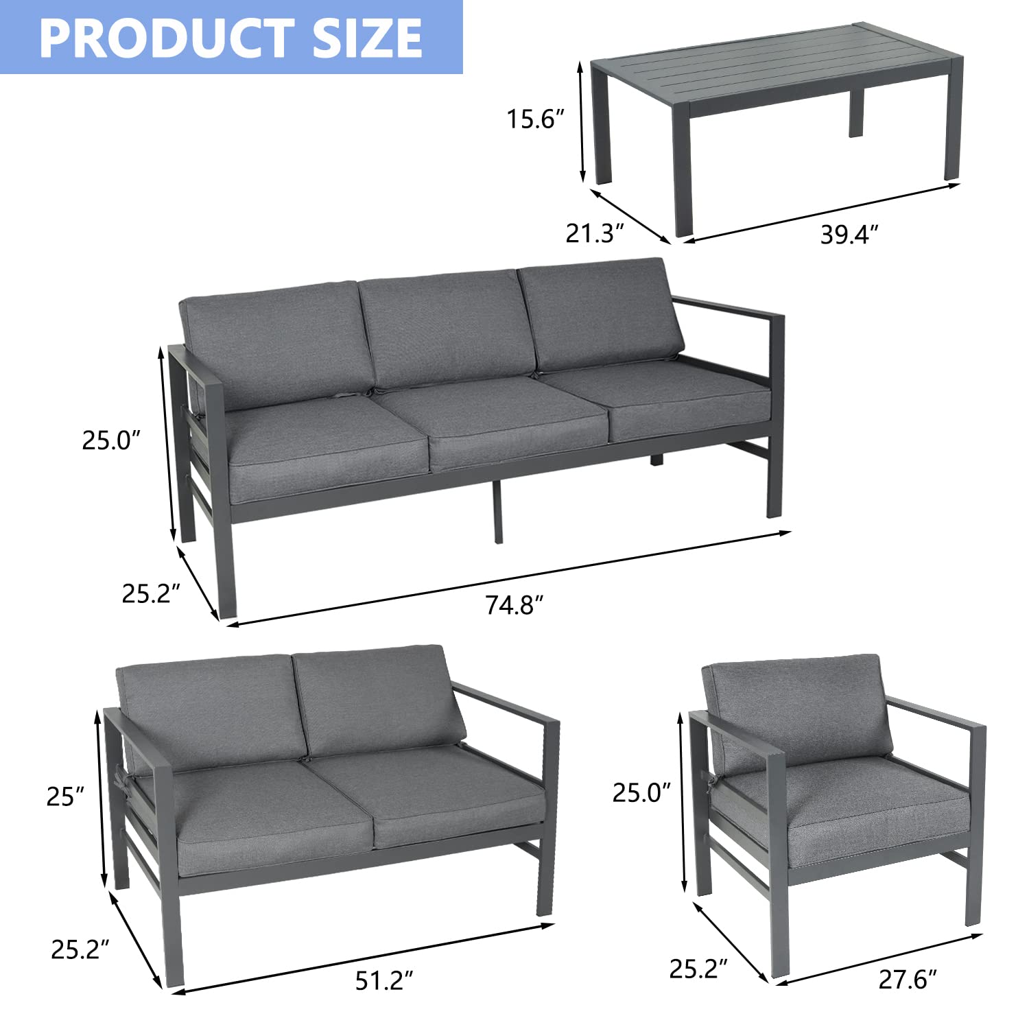 FYRICKYLINOO Aluminum Patio Furniture Outdoor Sectional Sofa Set, 5 Pieces Modern Aluminum Outdoor Conversation Set, All-Weather Metal Patio Furniture Set with Coffee Table (Grey)