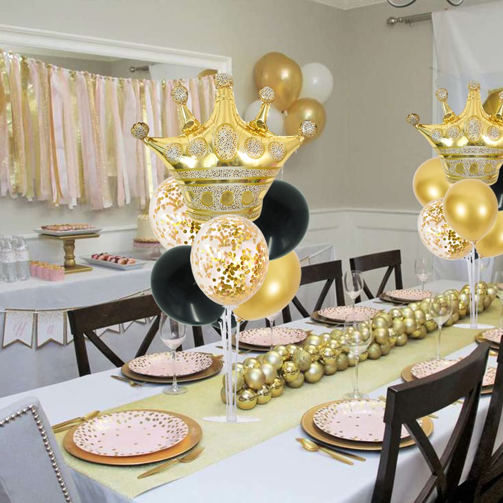 TONIFUL Table Centerpiece Balloons Stand Kit Include Black Gold Latex Confetti Balloons and Foil Crown Balloon for Birthday 2024 Graduation Anniversary Halloween New Year's Eve Party Decoration