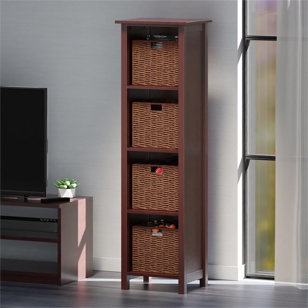 Winsome Wood Milan 5-Pc Storage Shelf with 4 Foldable Woven Baskets - Walnut