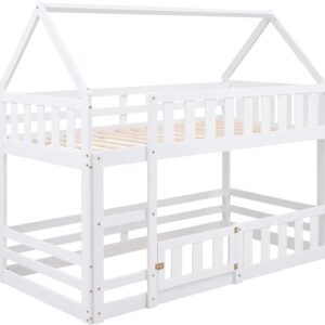 MERITLINE House Bunk Bed with Fence and Door, Wood Kids Bunk Beds Twin Over Twin with Roof, Floor Bunk Bed Loft Beds for Girls Boys, Easy Assembly, White