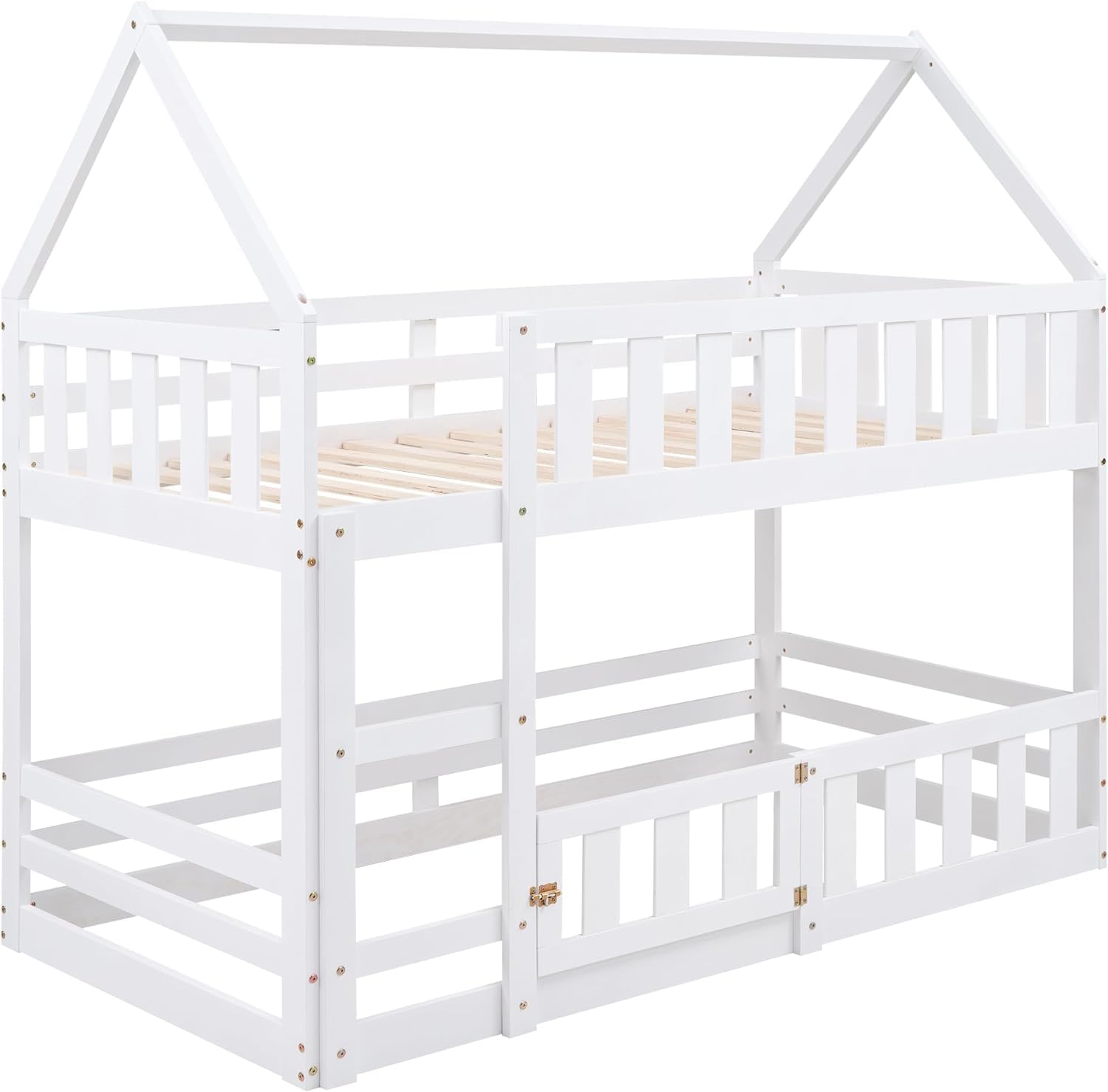 MERITLINE House Bunk Bed with Fence and Door, Wood Kids Bunk Beds Twin Over Twin with Roof, Floor Bunk Bed Loft Beds for Girls Boys, Easy Assembly, White