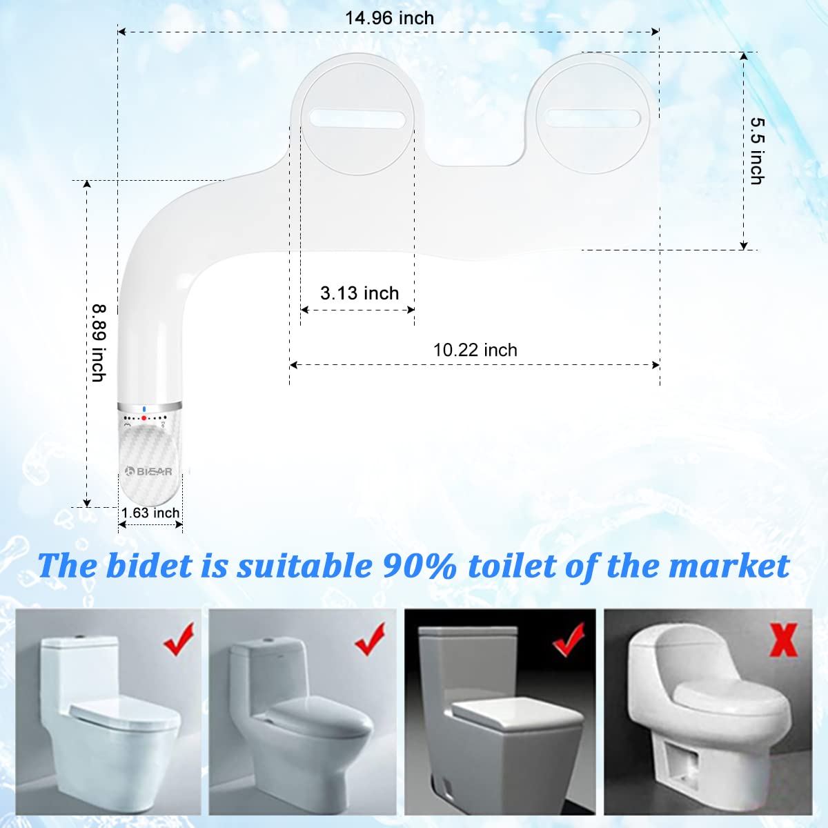 BIEAR Bidet Attachment For Toilet, Ultra-Slim Dual Nozzle Bidet Attachment Adjustable Water Pressure Non-Electric Fresh Cold Water Bidet Toilet Seat Attachment for Feminine and Posterior Wash (White)