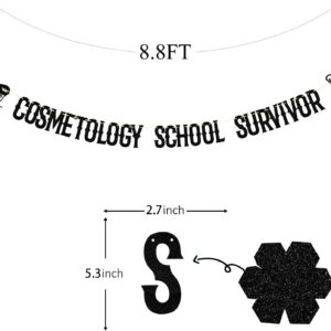 Glitter Black Cosmetology School Survivor Banner, Class Of 2024 Grad Cap Cake Supplies,Congratulations Finally Done 2024 Graduate Party Decoration