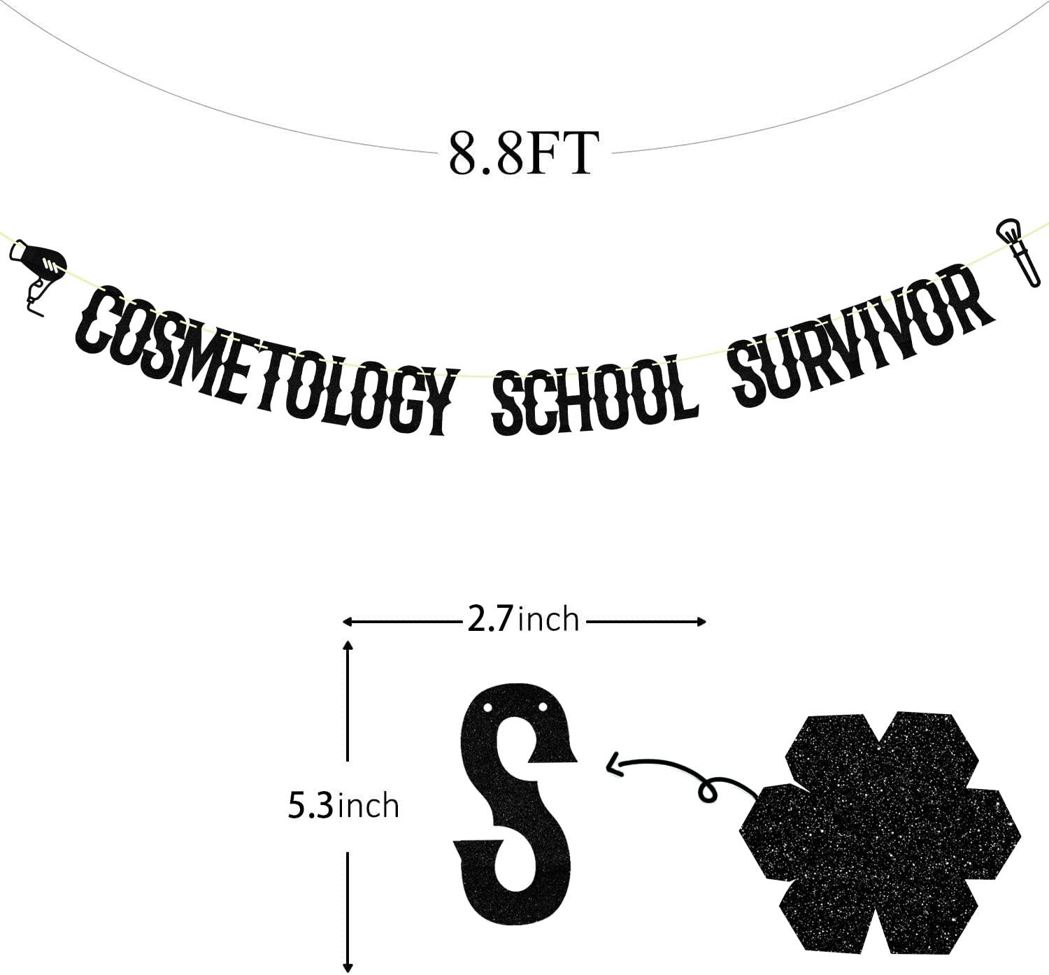 Glitter Black Cosmetology School Survivor Banner, Class Of 2024 Grad Cap Cake Supplies,Congratulations Finally Done 2024 Graduate Party Decoration