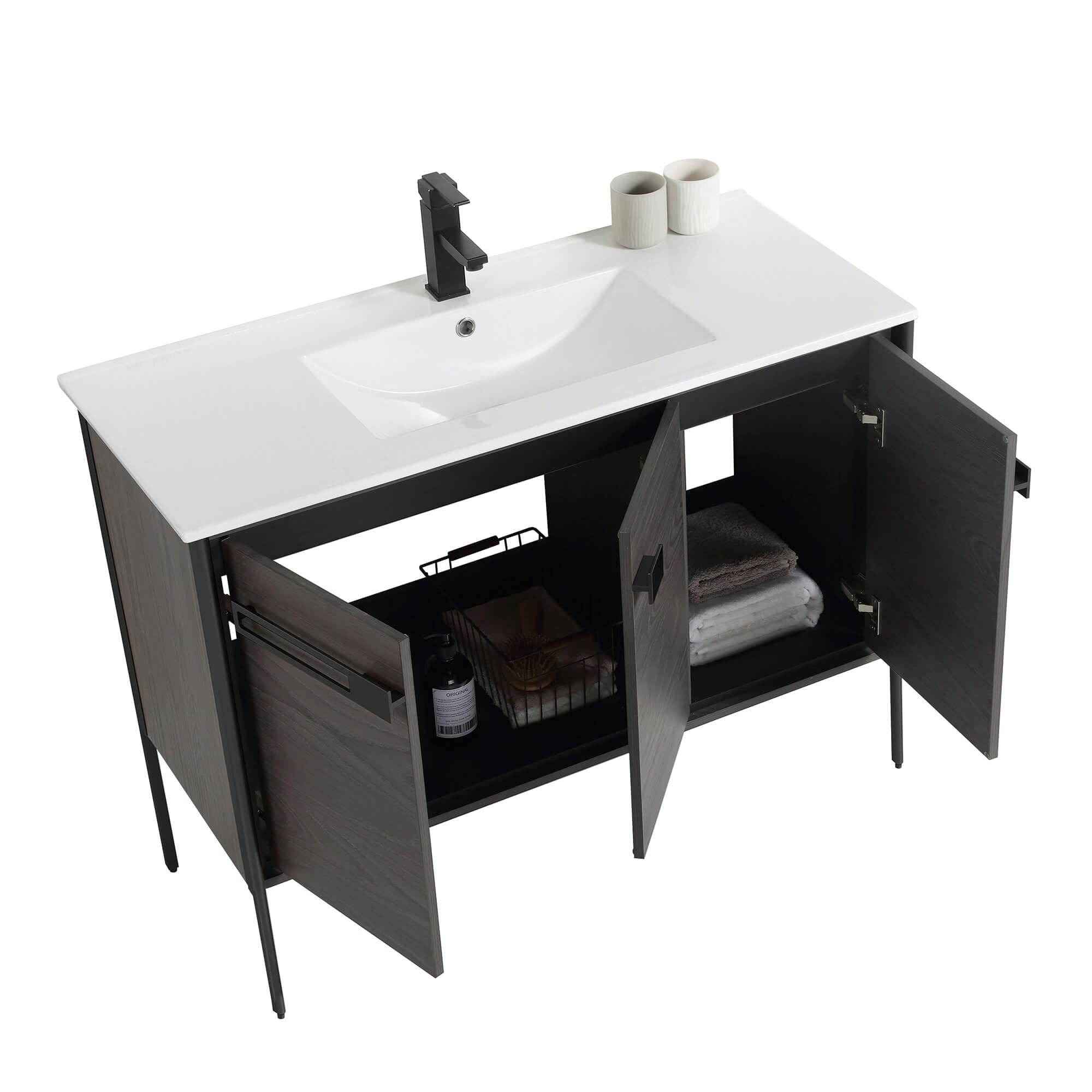 Fine Fixtures Oakville 42 in. W x 18 in. D x 33 in. H Bathroom Vanity in Black Coal Oak with White Ceramic Sink - Black Hardware