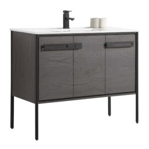 fine fixtures oakville 42 in. w x 18 in. d x 33 in. h bathroom vanity in black coal oak with white ceramic sink - black hardware